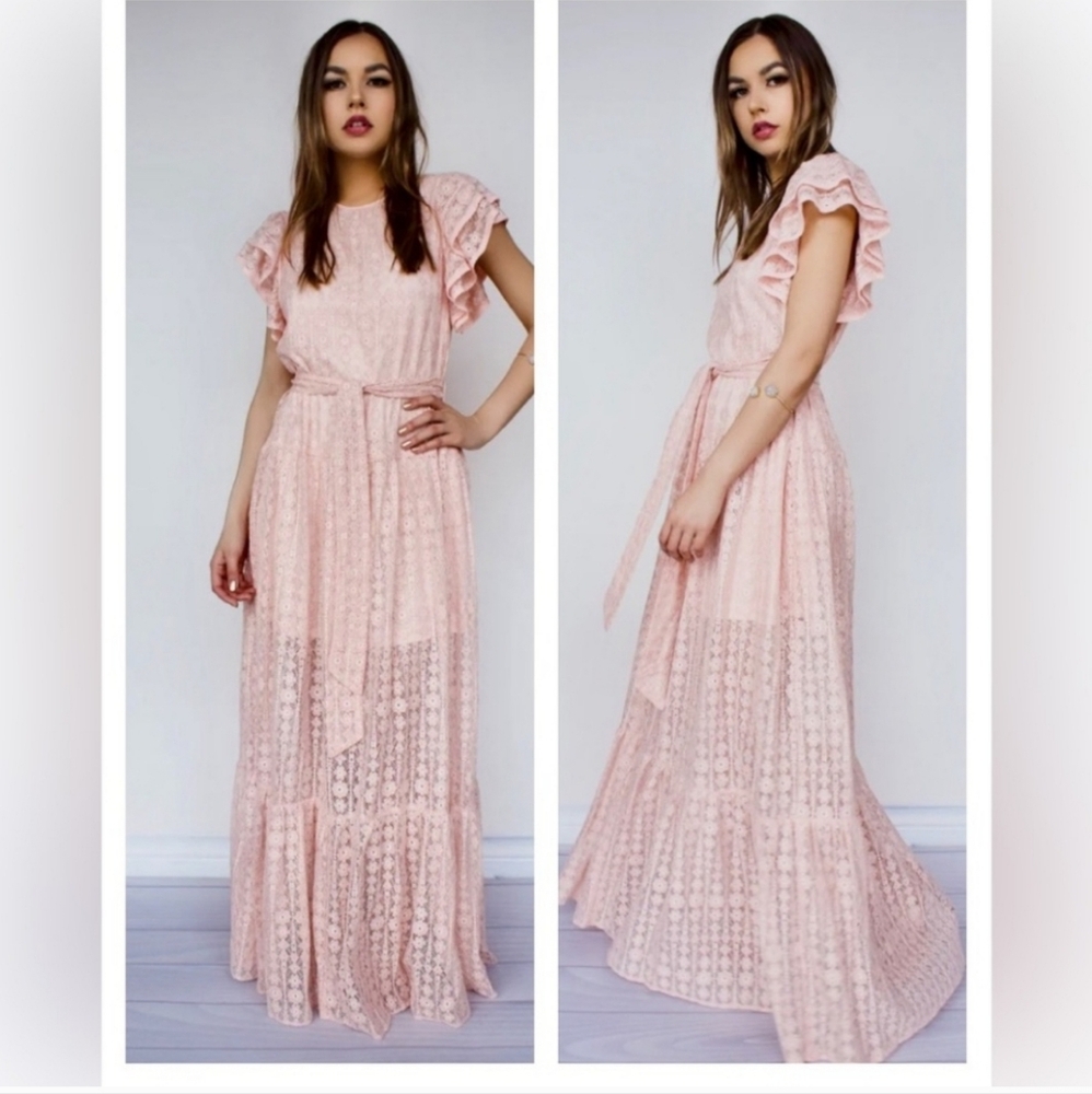 NWOT Pastel Flutter Ruffle Sleeve Maxi Lace Overlay Maxi Tie Waist Ruffle Hem